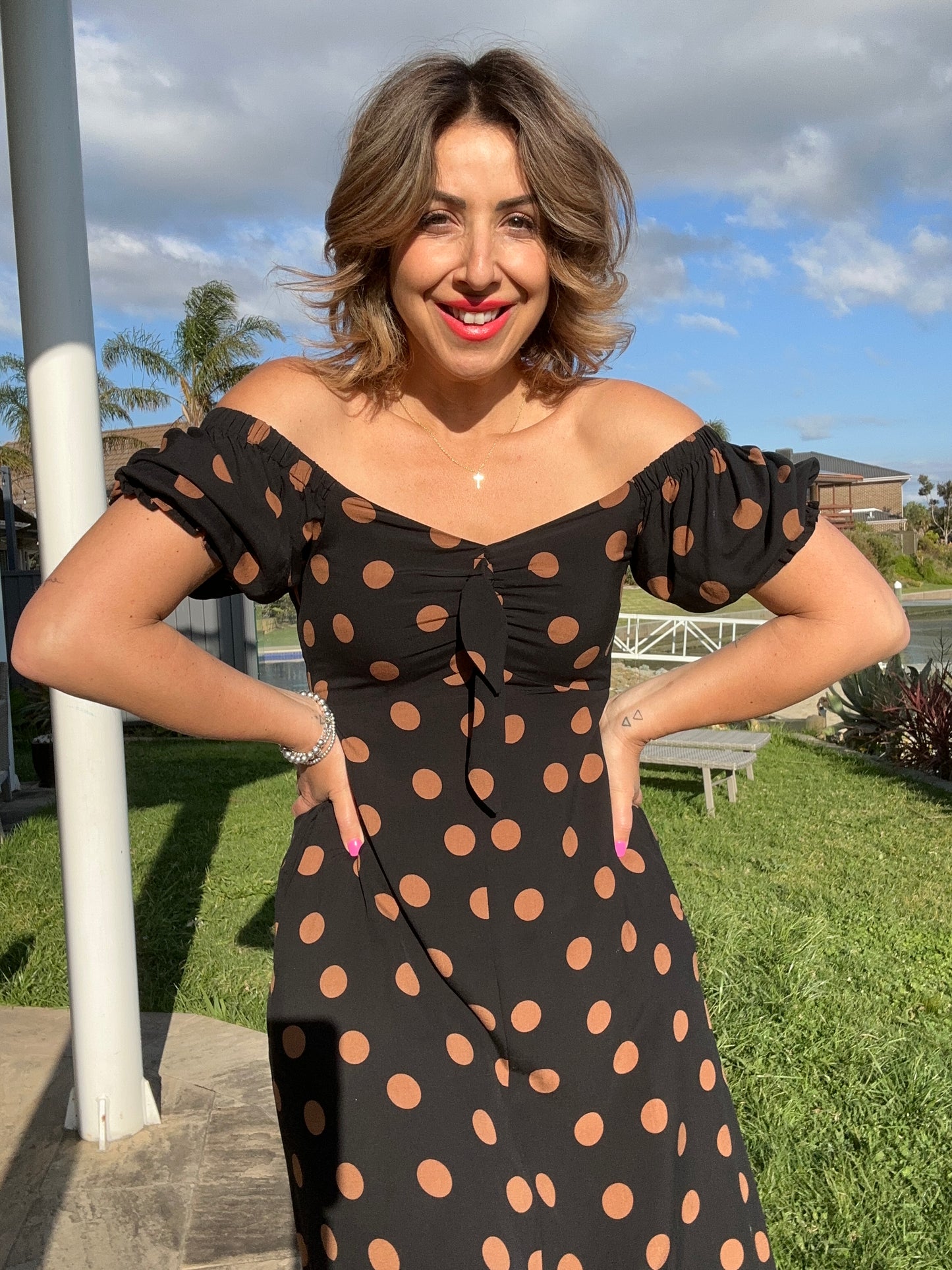 MEGHAN - BLACK w TAN SPOTS bow front midi dress