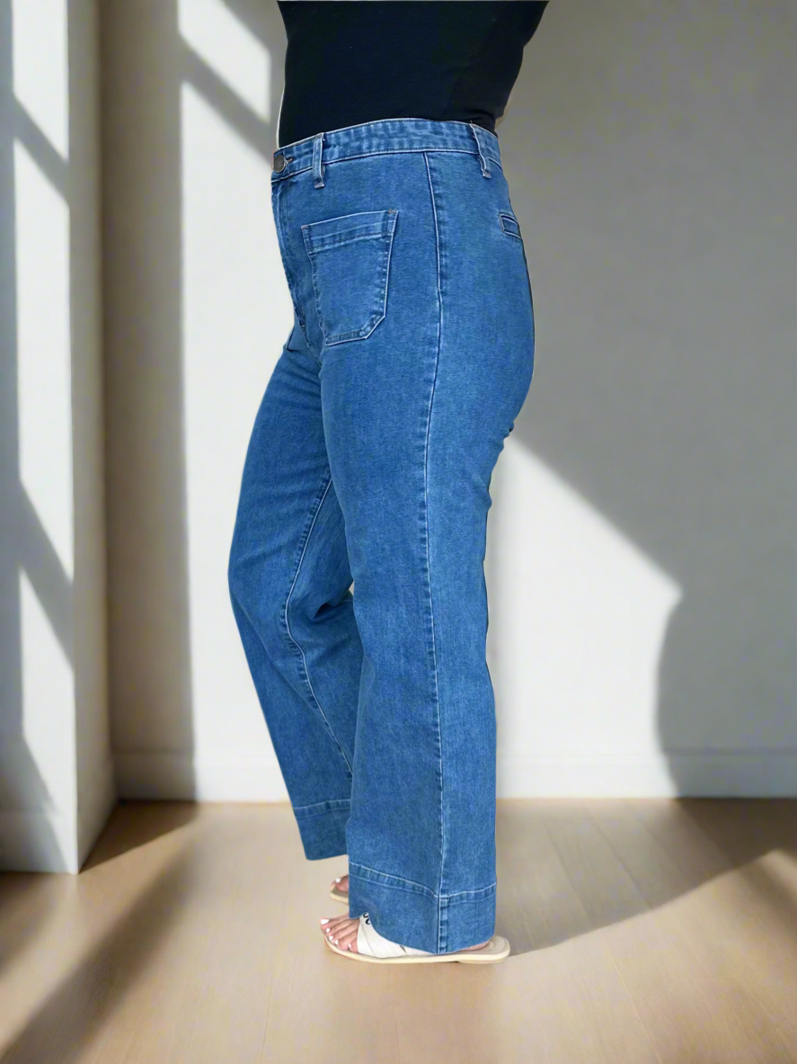 HARVEY- DARK BLUE wide leg high waisted stretch jean