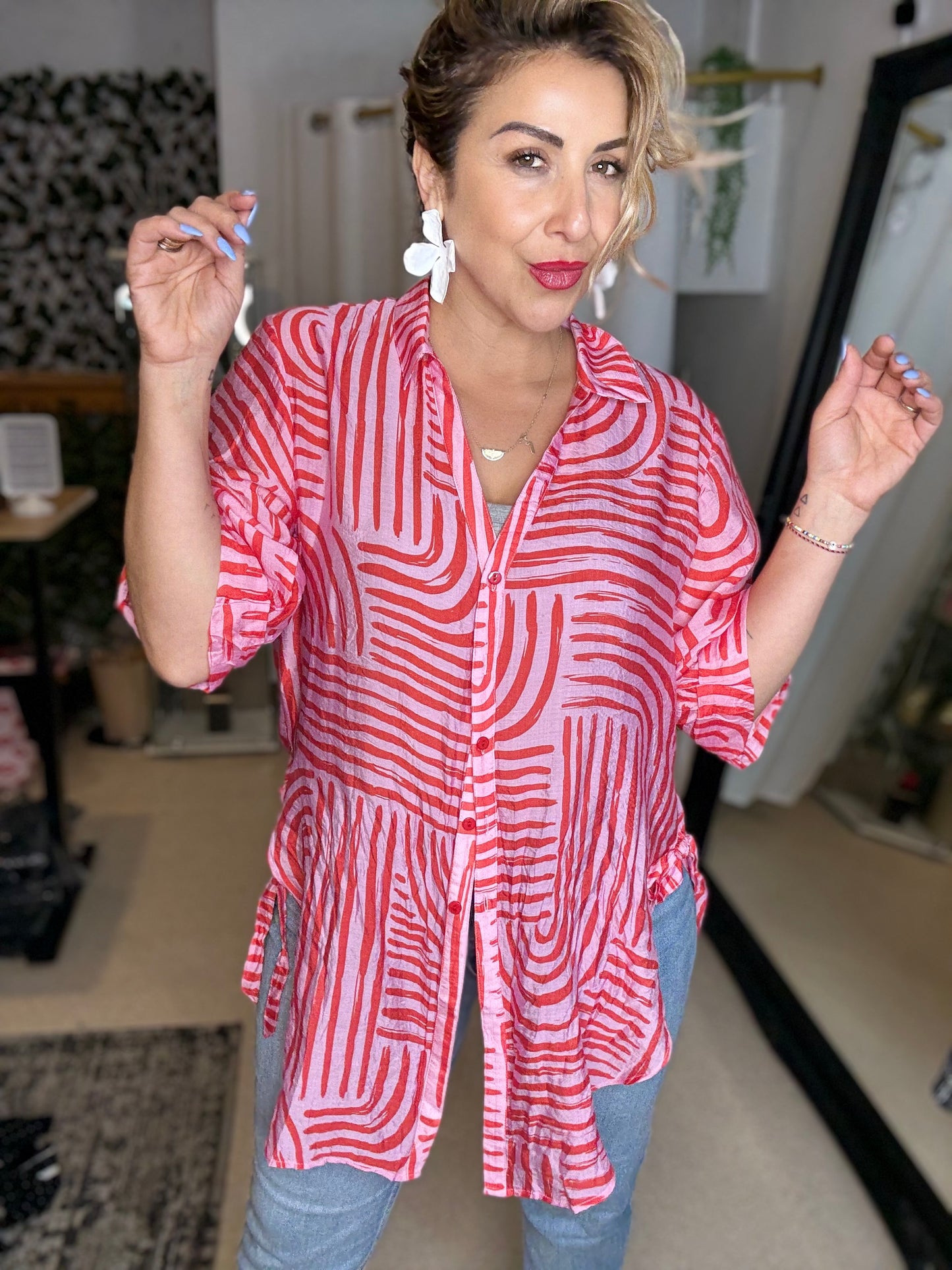 CELIA (PRE- ORDER due oct 15) - PINK/RED long line curved hem shirt with side ties