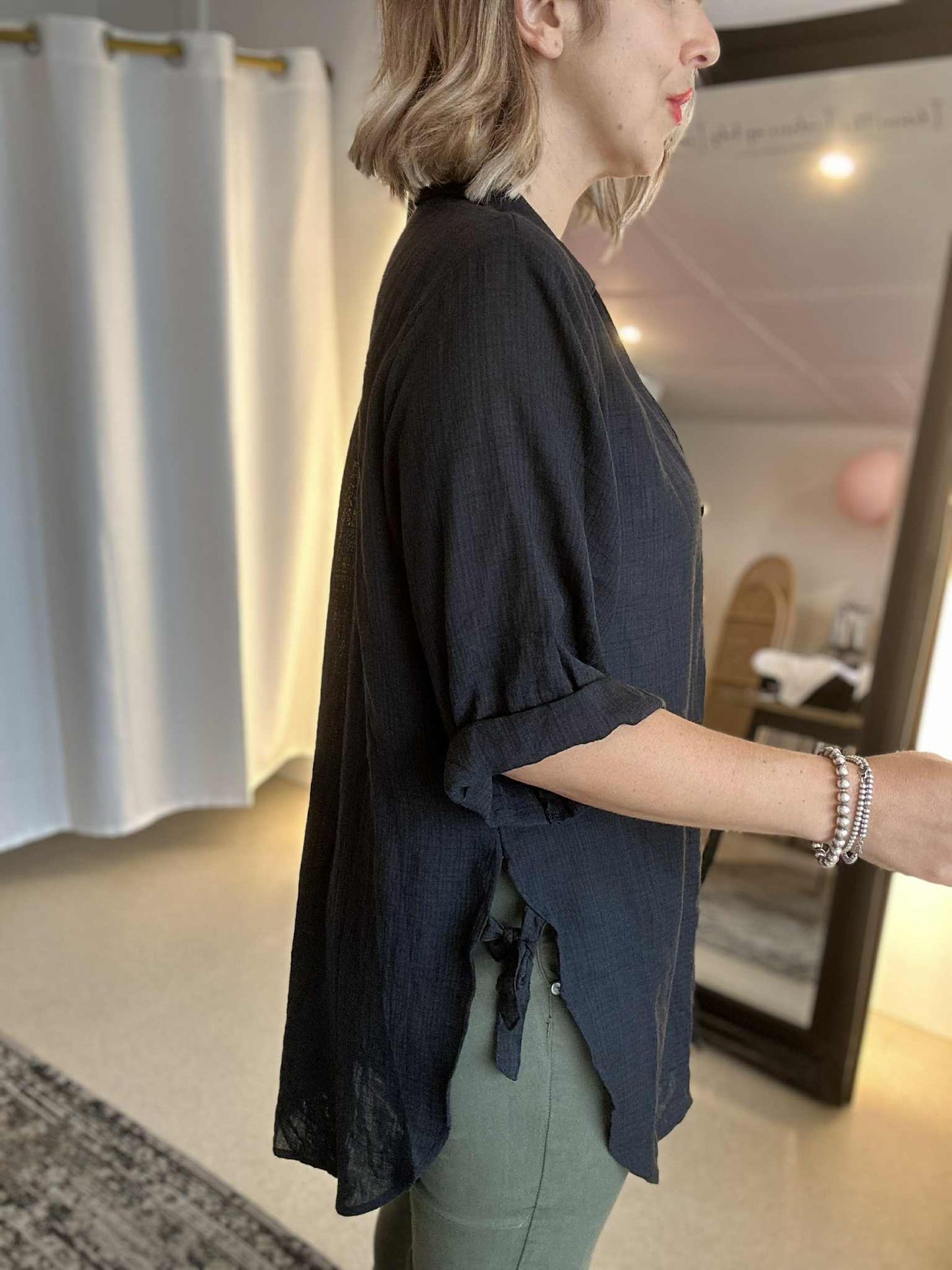 CELIA (PRE- ORDER due oct 15) - BLACK long line curved hem shirt with side ties