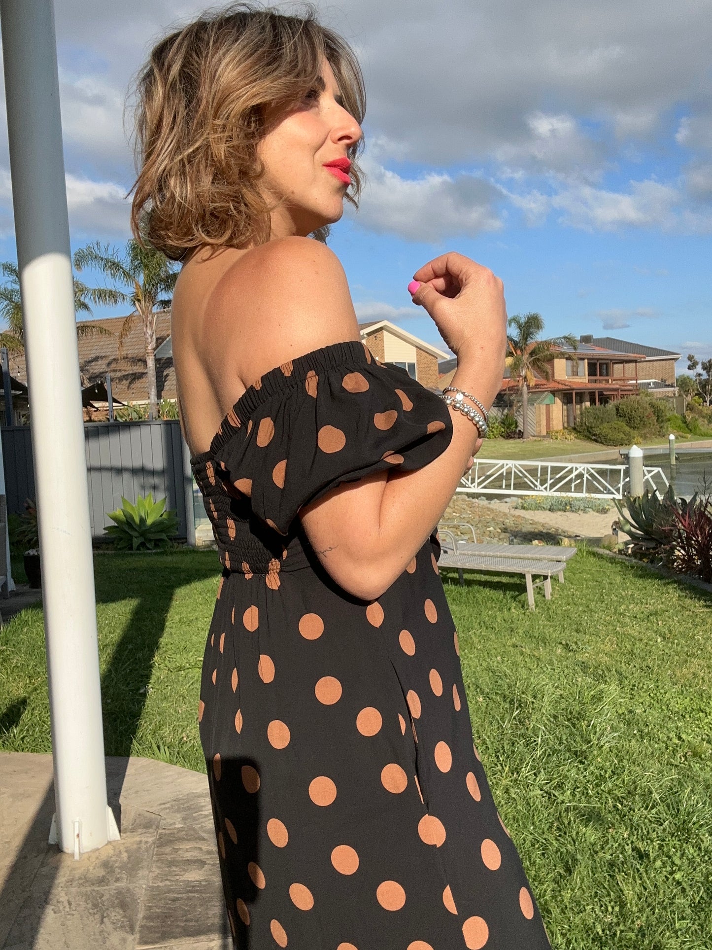 MEGHAN - BLACK w TAN SPOTS bow front midi dress