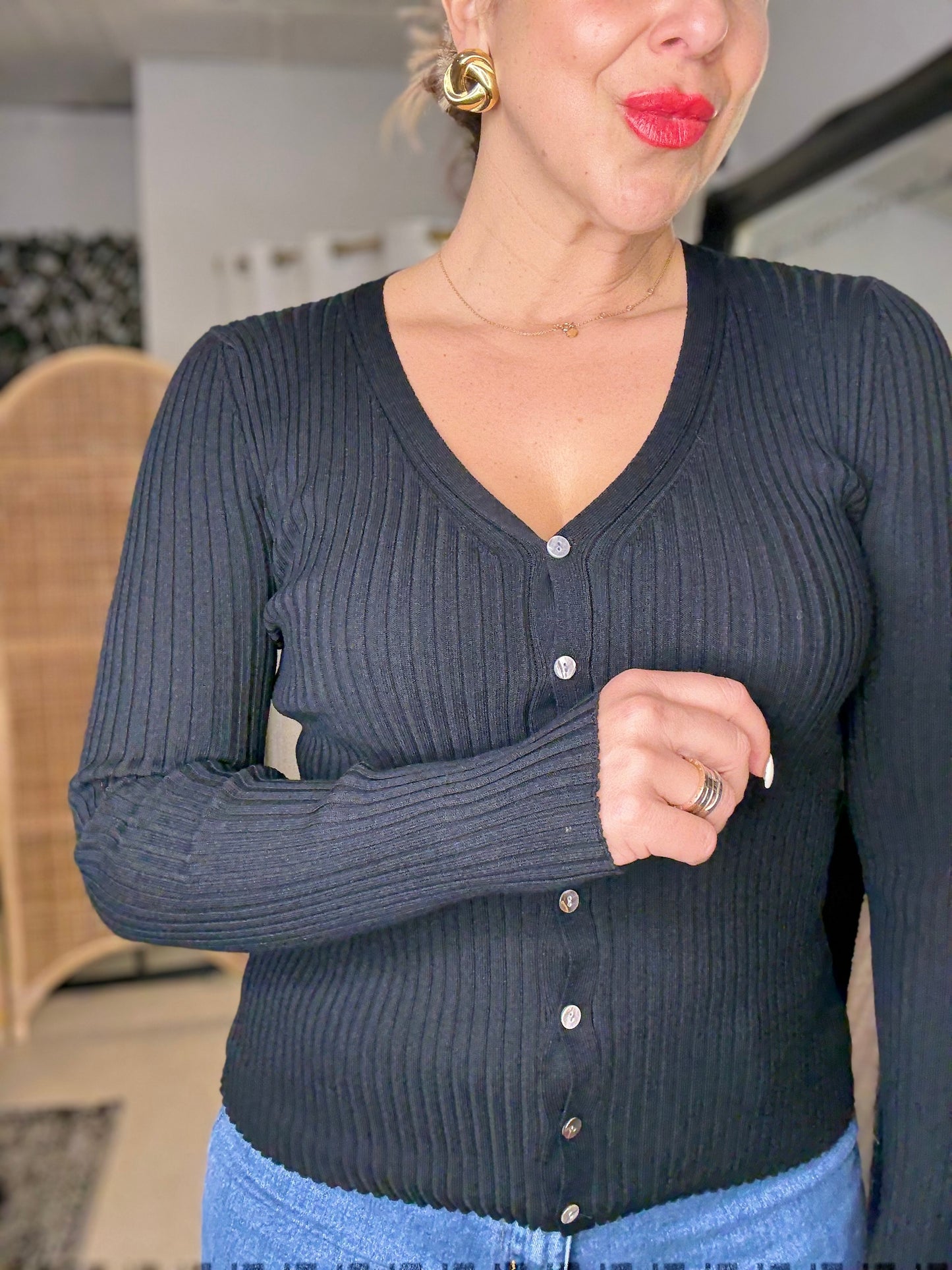 VICKY - BLACK ribbed knit cardi