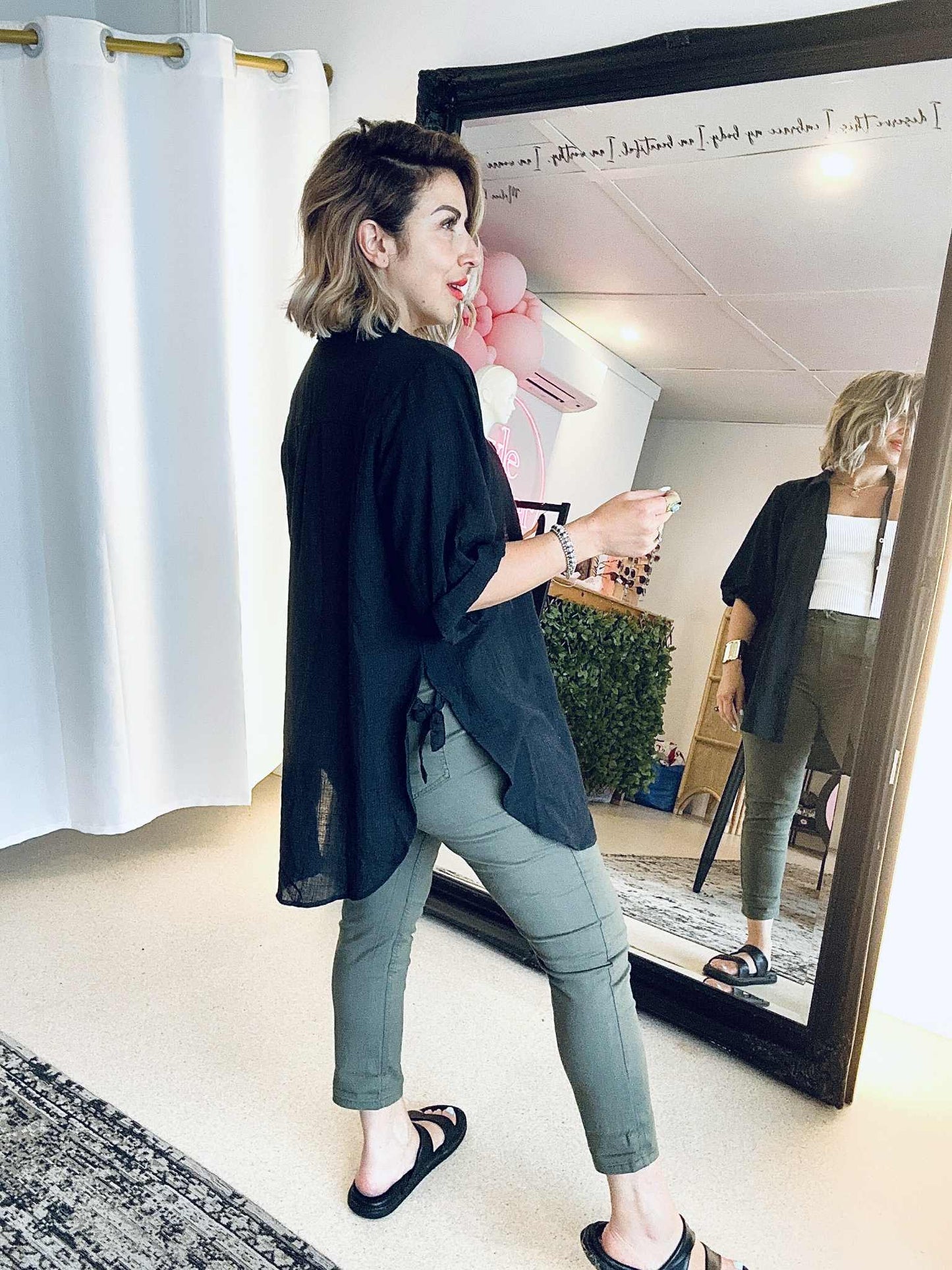 CELIA (PRE- ORDER due oct 15) - BLACK long line curved hem shirt with side ties