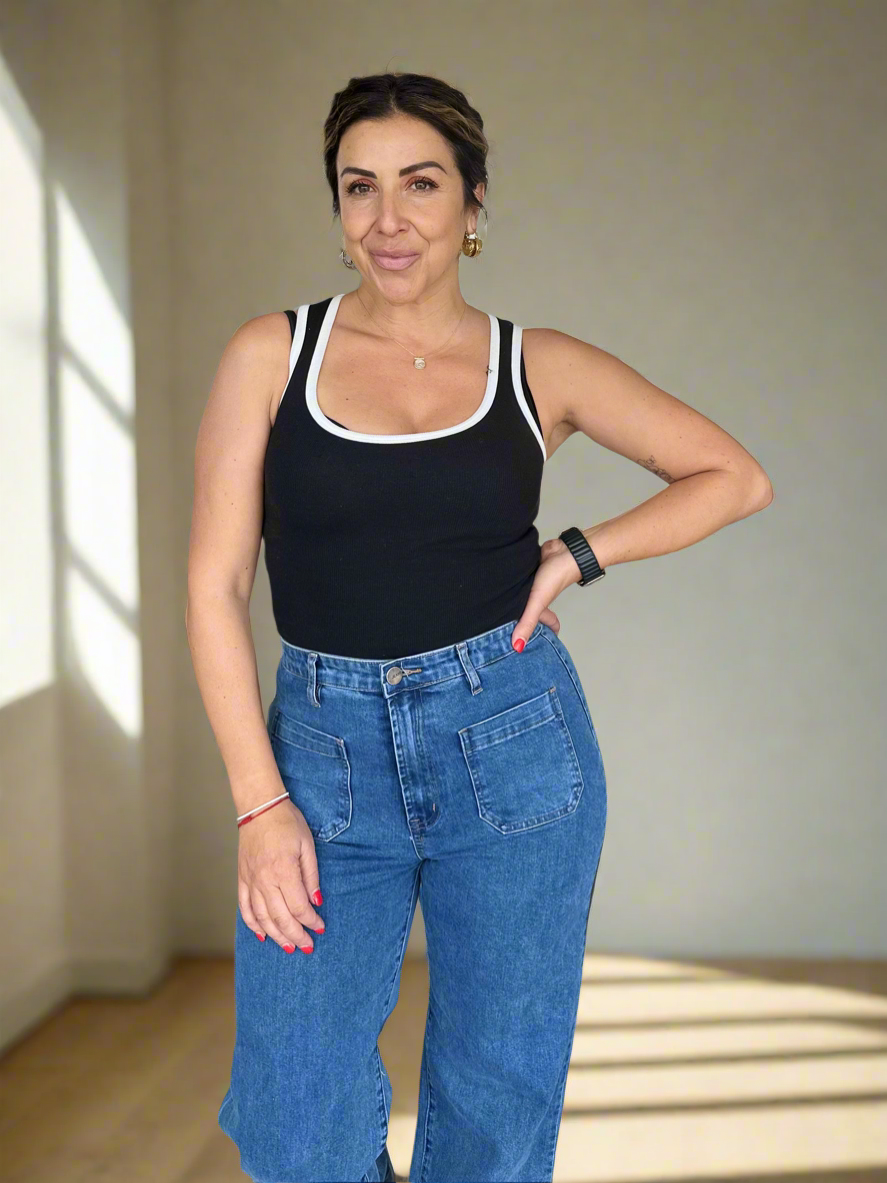 HARVEY- DARK BLUE wide leg high waisted stretch jean