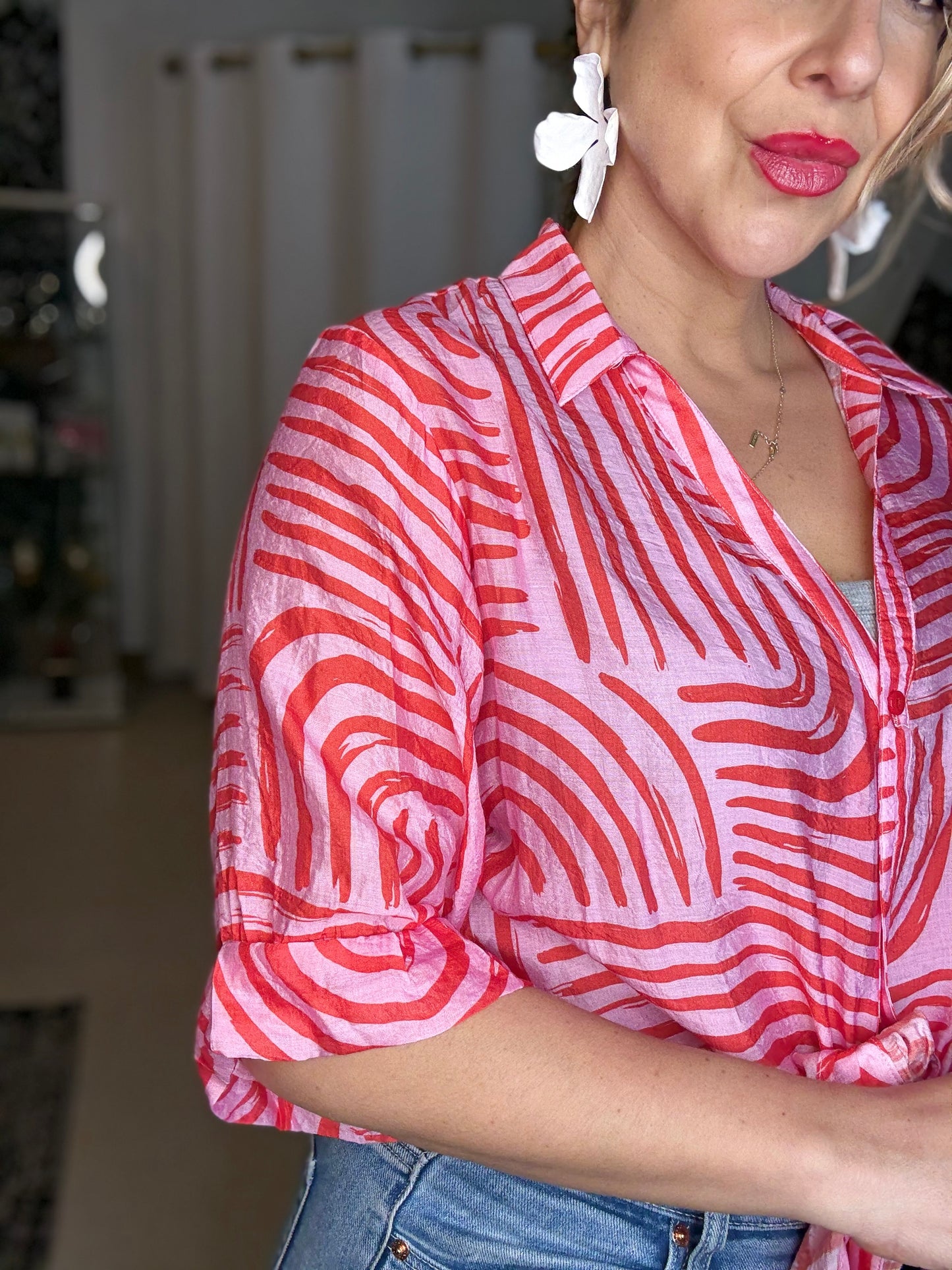 CELIA (PRE- ORDER due oct 15) - PINK/RED long line curved hem shirt with side ties