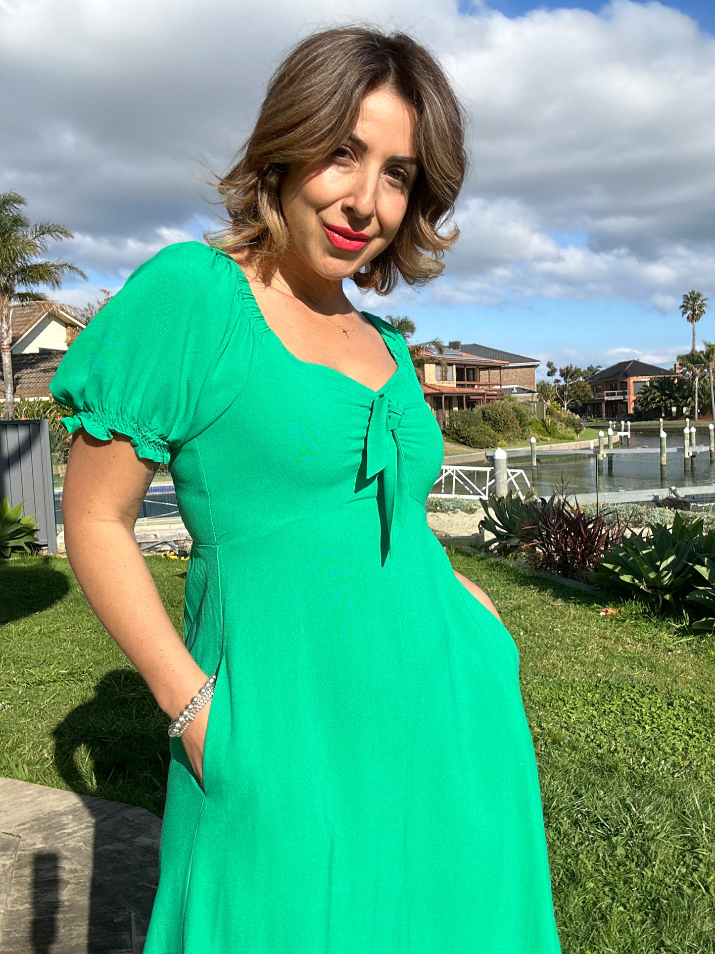 MEGHAN - JADE bow front midi dress