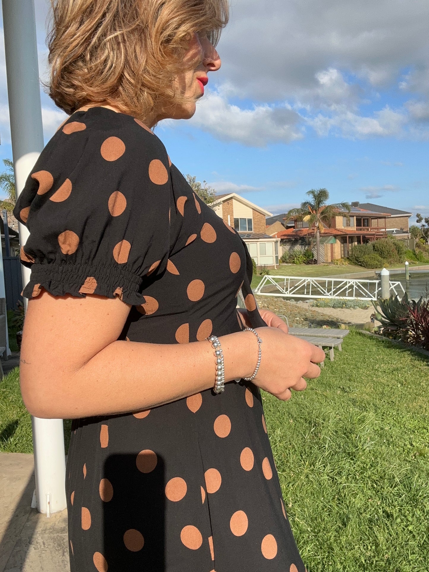 MEGHAN - BLACK w TAN SPOTS bow front midi dress
