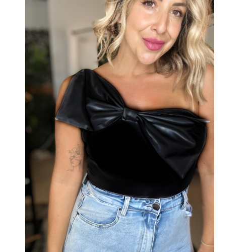 BOWIE- black bow one shoulder bodysuit
