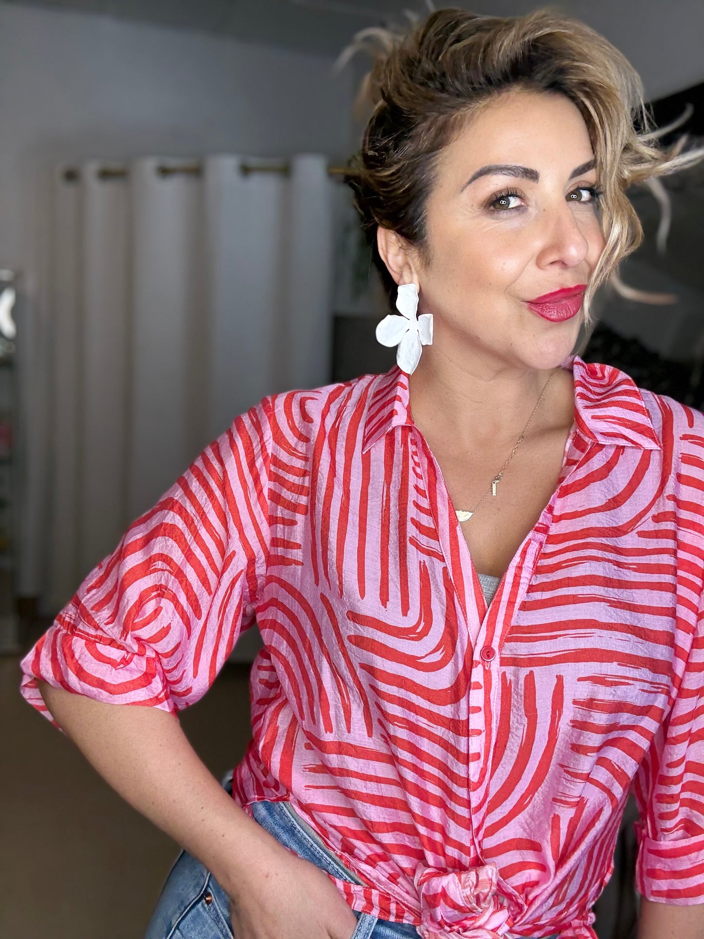 CELIA (PRE- ORDER due oct 15) - PINK/RED long line curved hem shirt with side ties