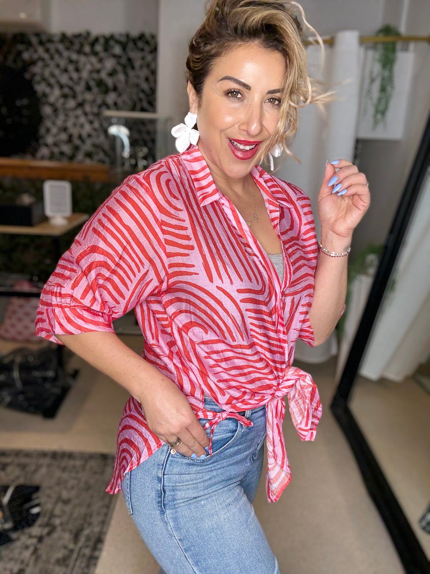 CELIA (PRE- ORDER due oct 15) - PINK/RED long line curved hem shirt with side ties