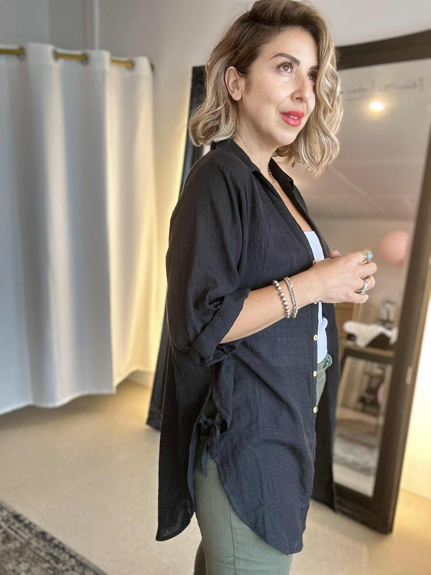 CELIA (PRE- ORDER due oct 15) - BLACK long line curved hem shirt with side ties