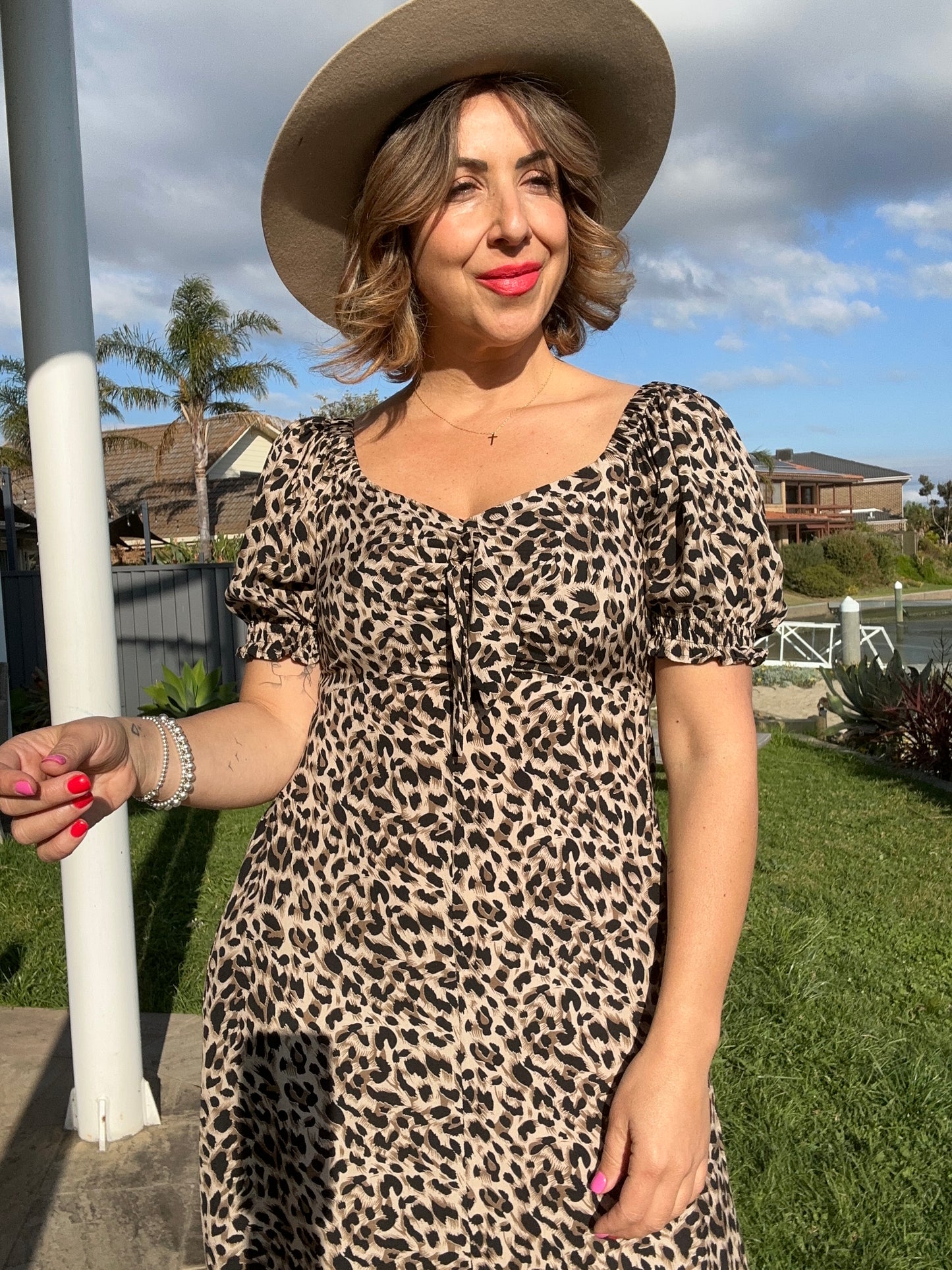 MEGHAN - LEOPARD bow front midi dress