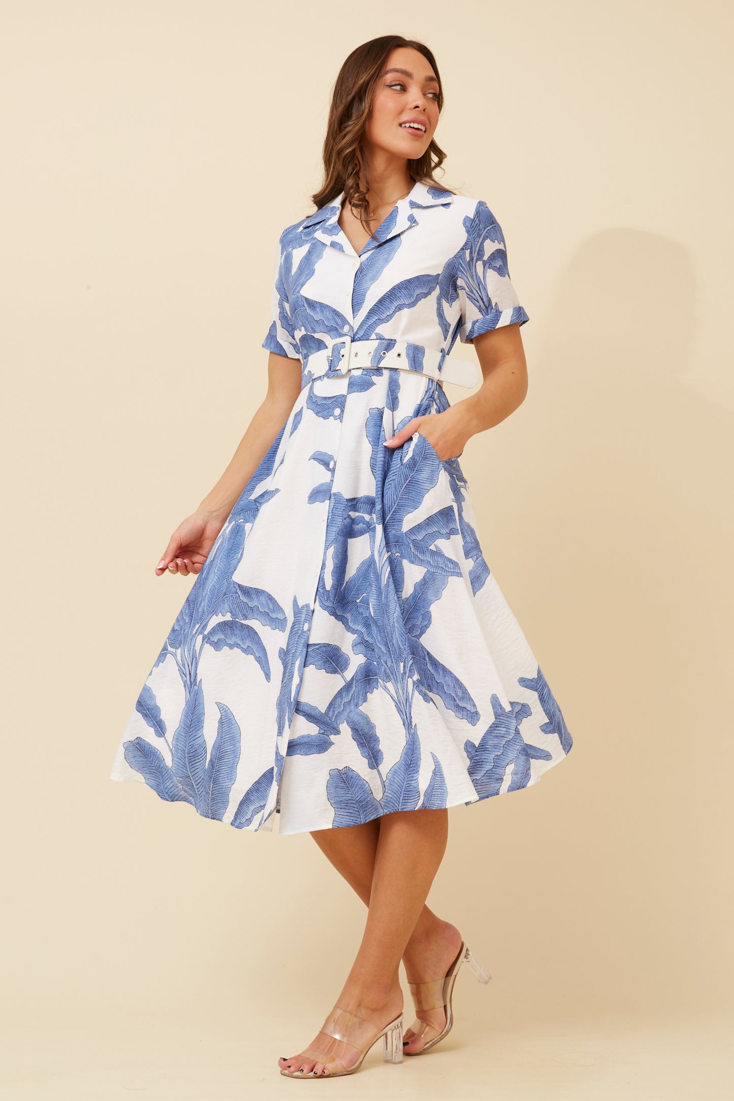 CAROLINE - blue and white belted shirt dress
