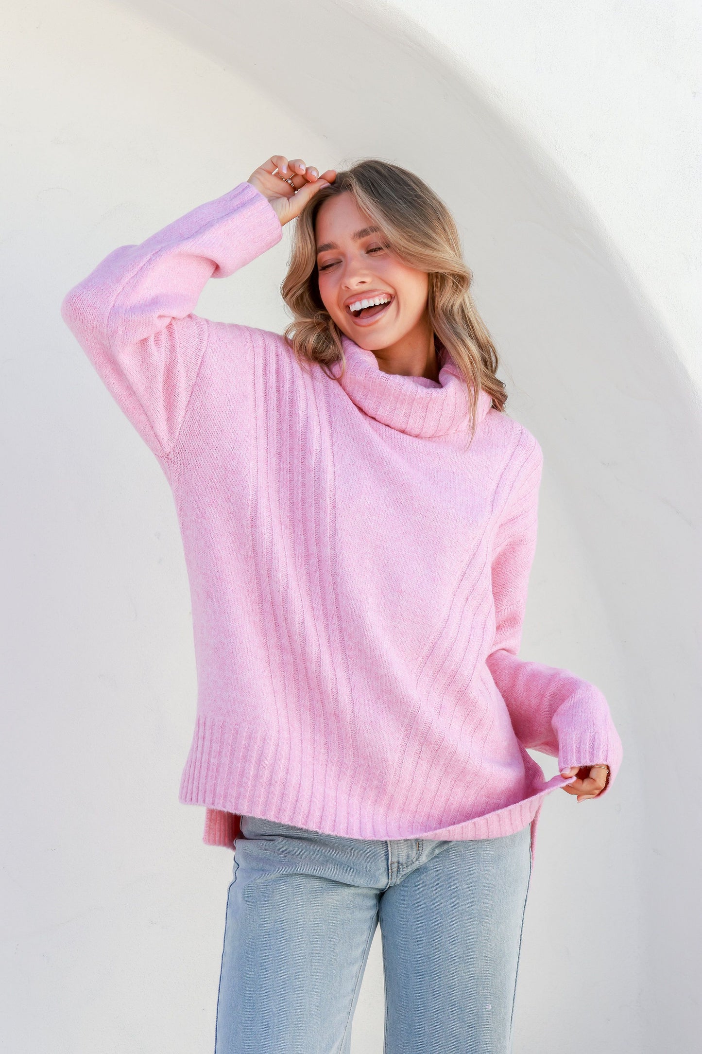 SHADOW candy pink rib turtle neck knit