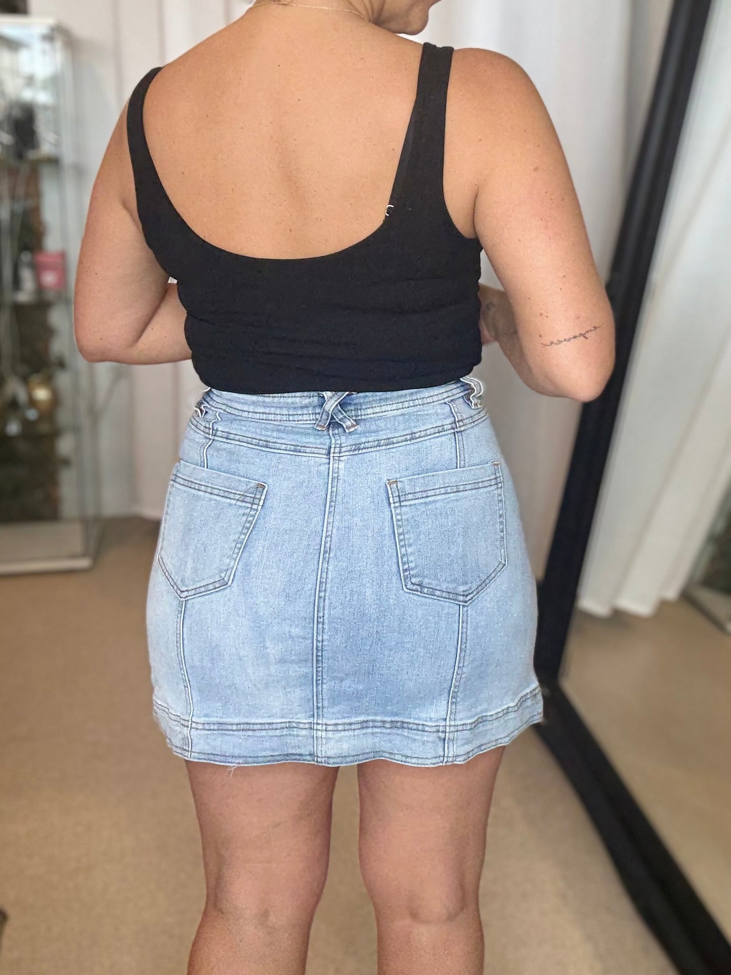 PRE ORDER END OF AUGUST - TARA- LIGHT BLUE high waisted stretch mini denim skirt