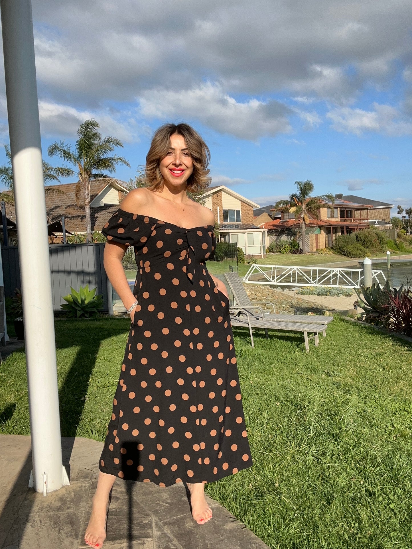 MEGHAN - BLACK w TAN SPOTS bow front midi dress