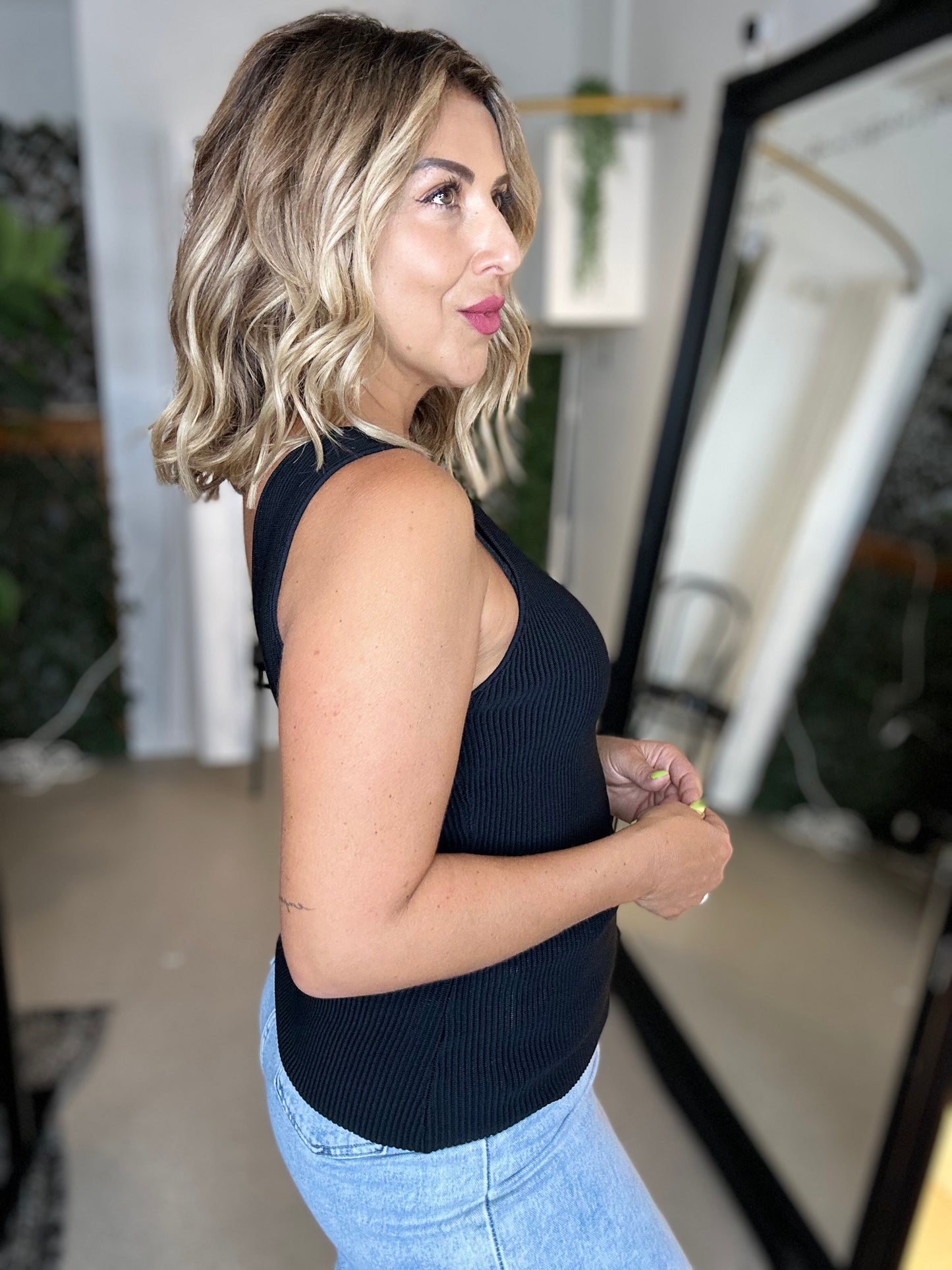 OLIVIA - BLACK Ribbed V Neck Singlet