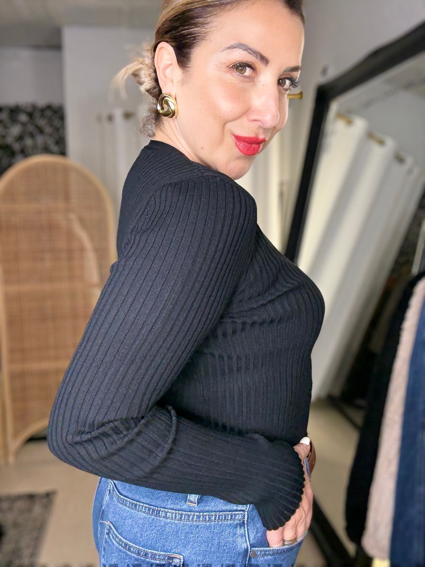 VICKY - BLACK ribbed knit cardi