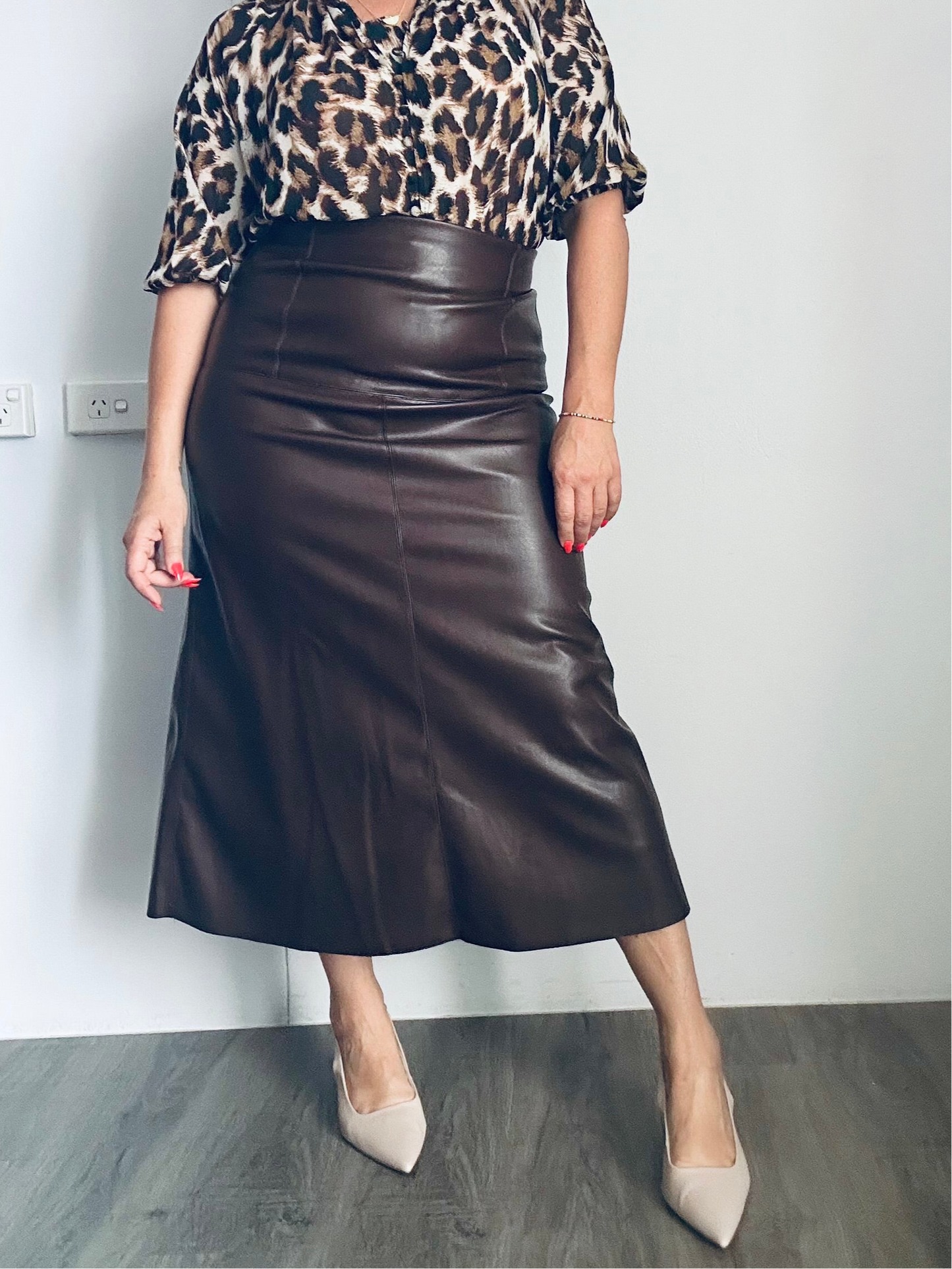 AMELIA - CHOCOLATE A Line Pleather Skirt