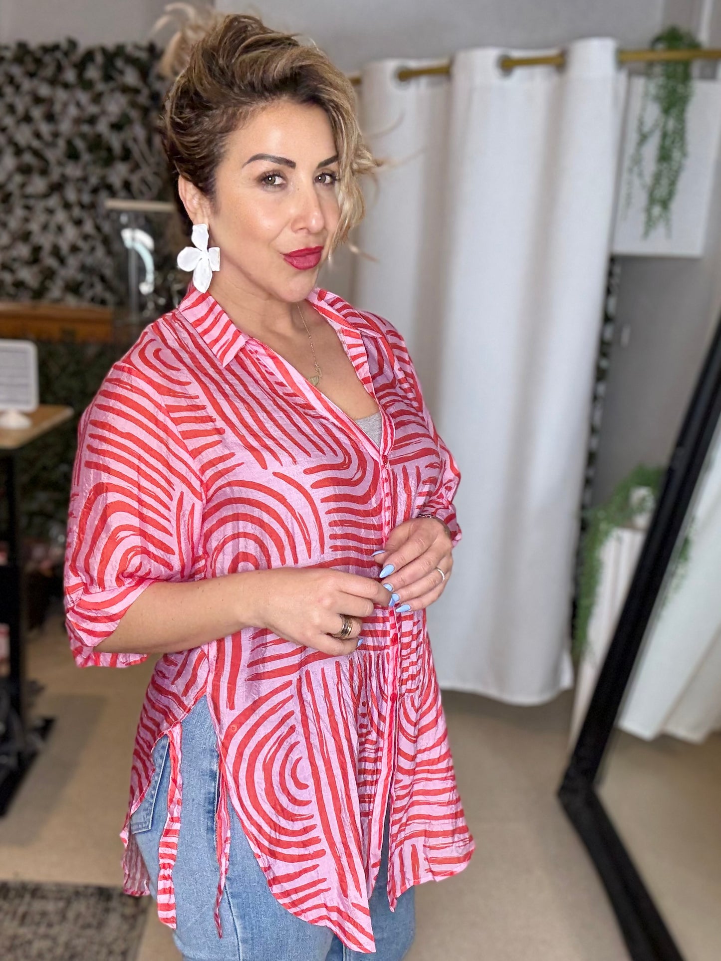 CELIA (PRE- ORDER due oct 15) - PINK/RED long line curved hem shirt with side ties