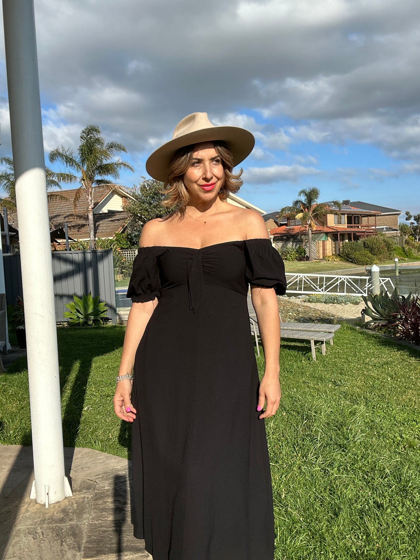 PRE ORDER - MEGHAN - BLACK bow front midi dress