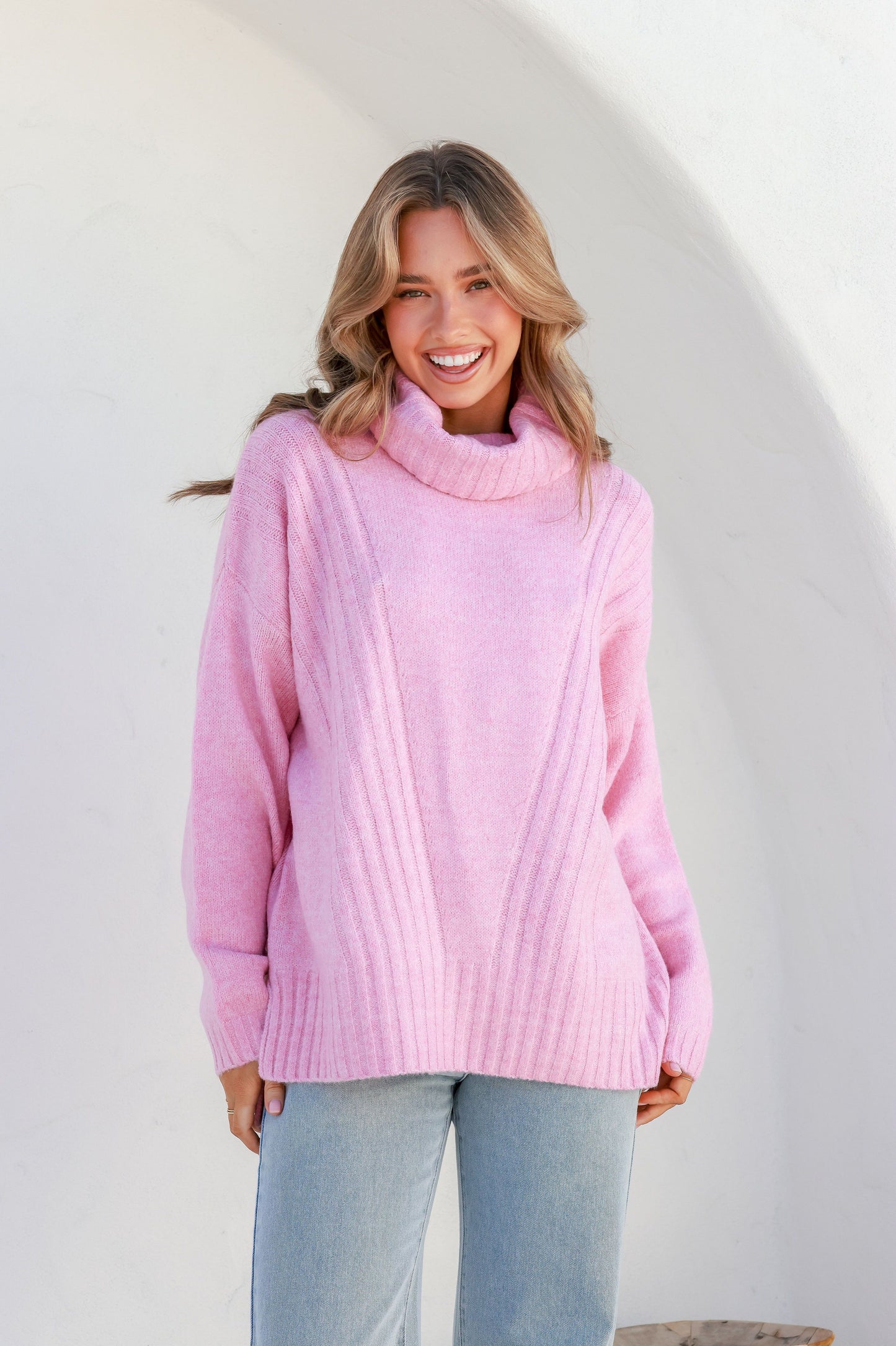 SHADOW candy pink rib turtle neck knit