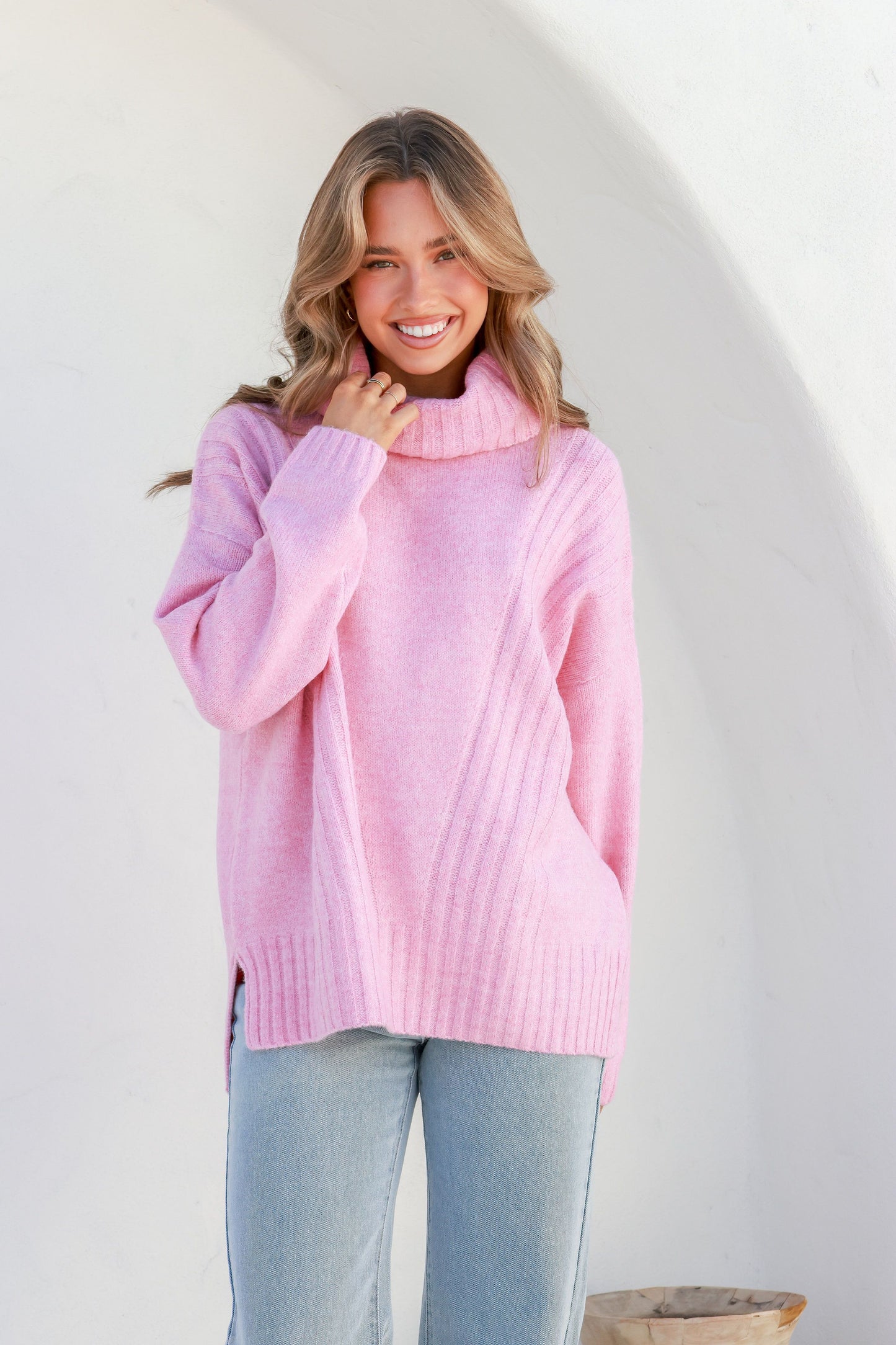 SHADOW candy pink rib turtle neck knit