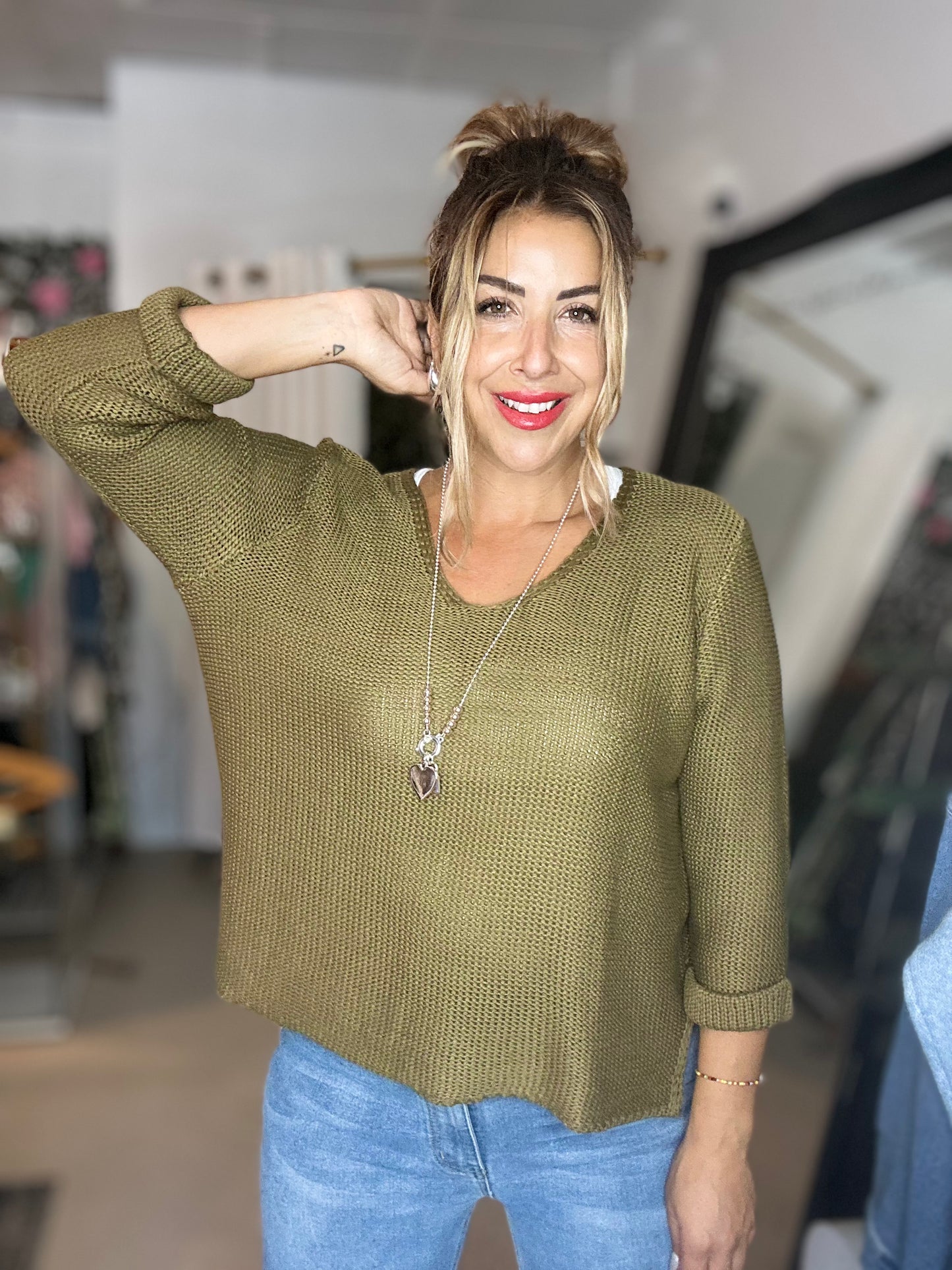 WILLOW - DEEP OLIVE V Neck Knit