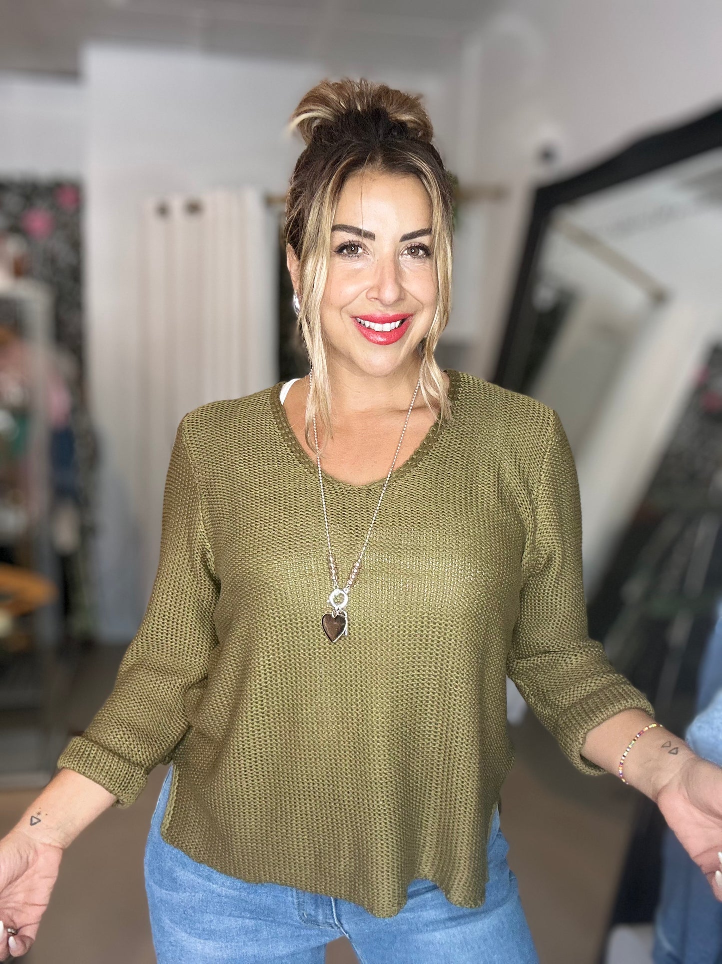 WILLOW - DEEP OLIVE V Neck Knit