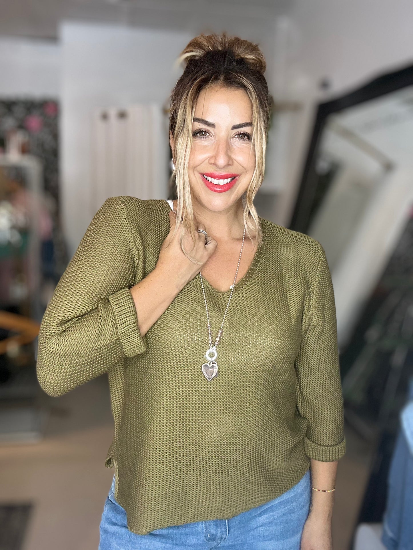 WILLOW - DEEP OLIVE V Neck Knit