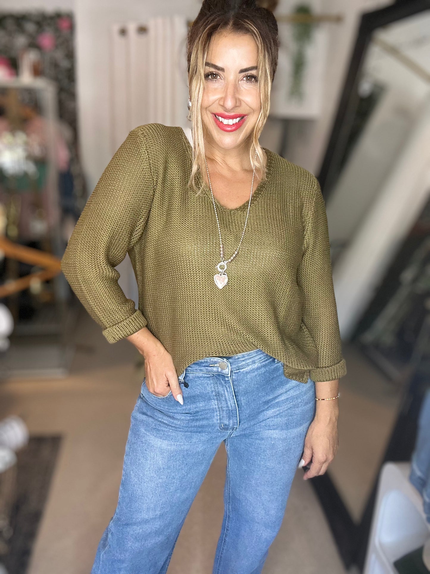 WILLOW - DEEP OLIVE V Neck Knit
