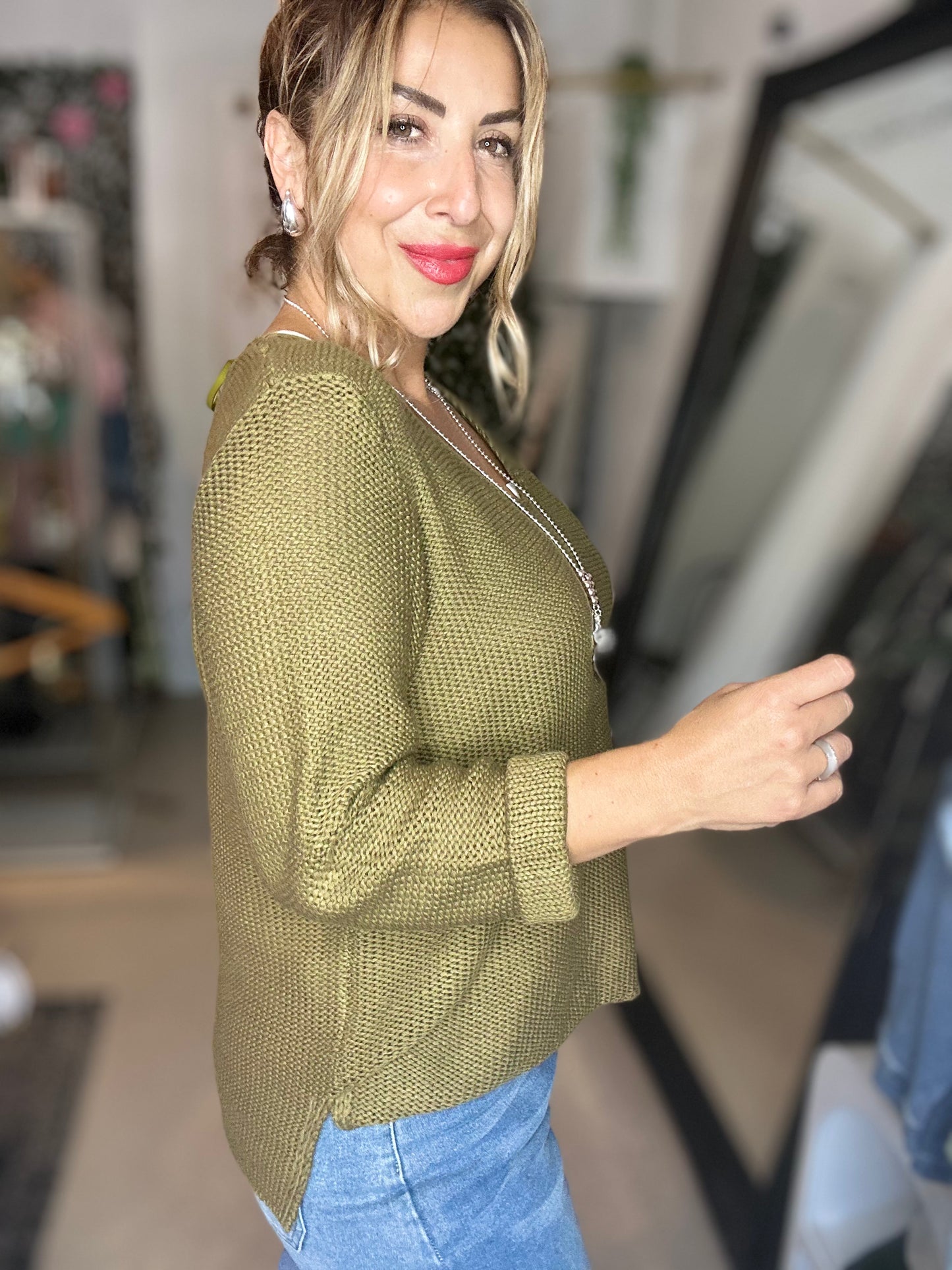 WILLOW - DEEP OLIVE V Neck Knit