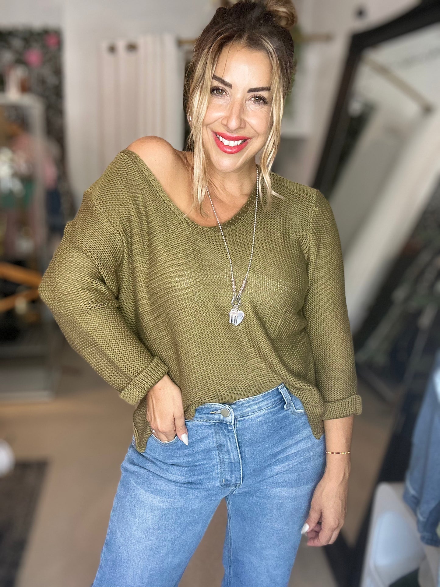 WILLOW - DEEP OLIVE V Neck Knit