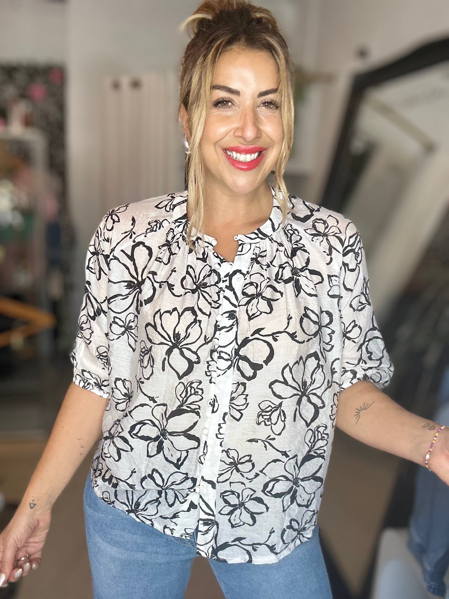 BRE - WHITE with Black Florals 3/4 Sleeve Blouse