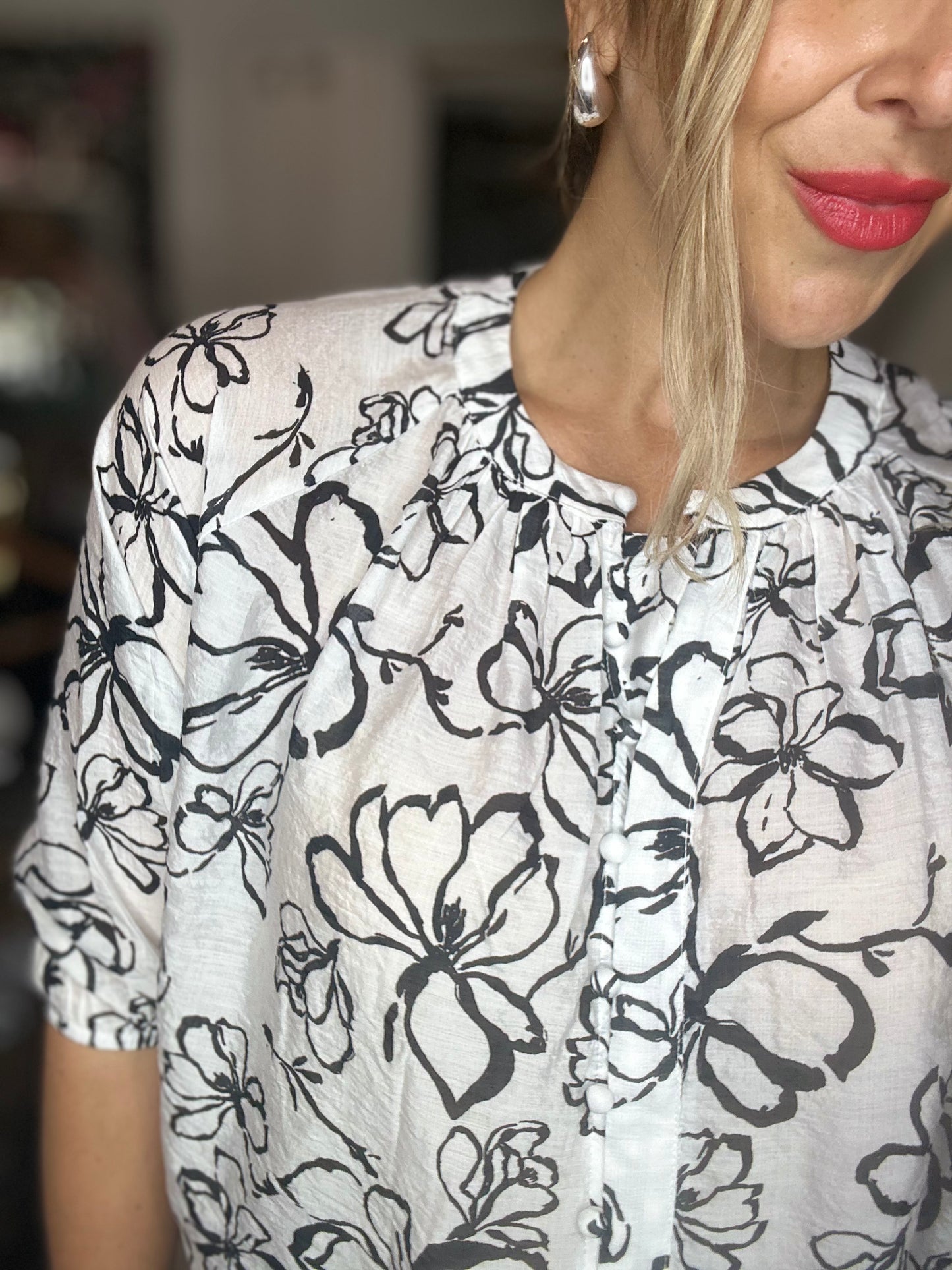 BRE - WHITE with Black Florals 3/4 Sleeve Blouse