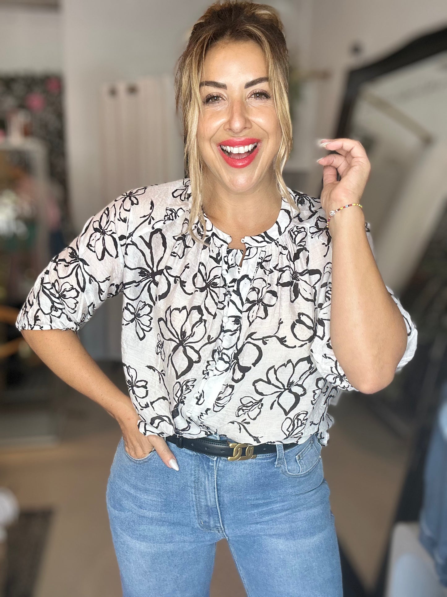 BRE - WHITE with Black Florals 3/4 Sleeve Blouse