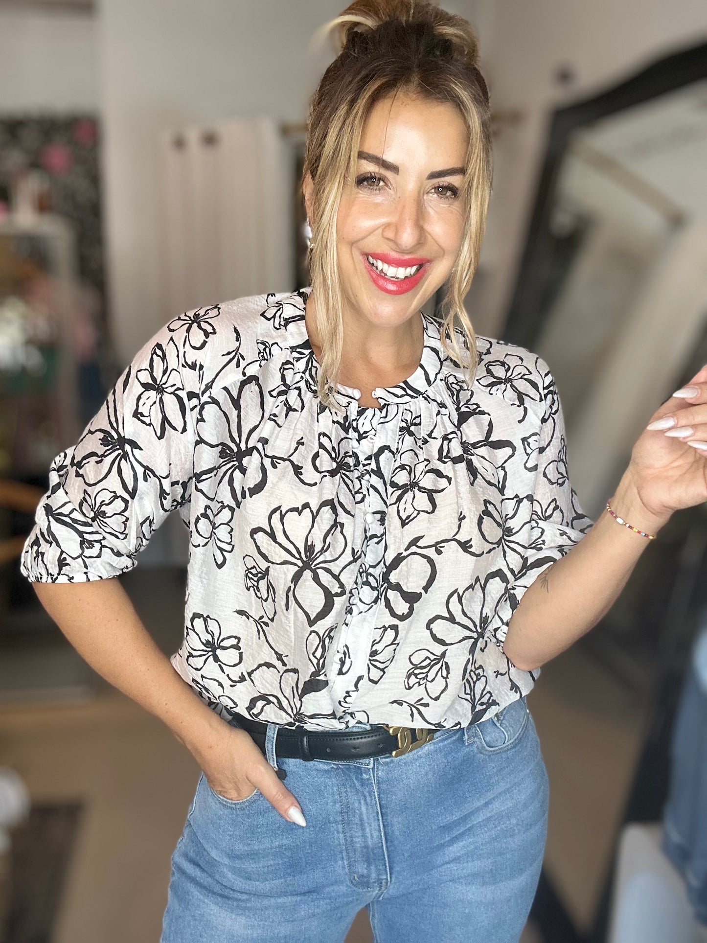 BRE - WHITE with Black Florals 3/4 Sleeve Blouse