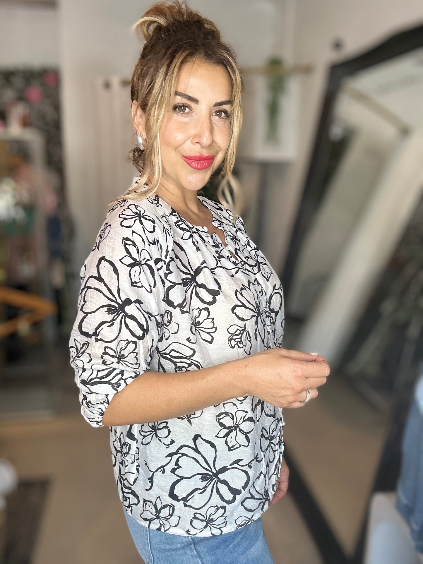 BRE - WHITE with Black Florals 3/4 Sleeve Blouse
