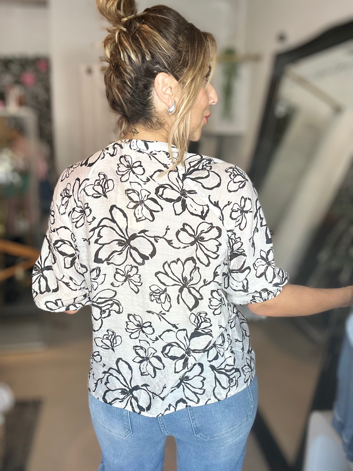 BRE - WHITE with Black Florals 3/4 Sleeve Blouse