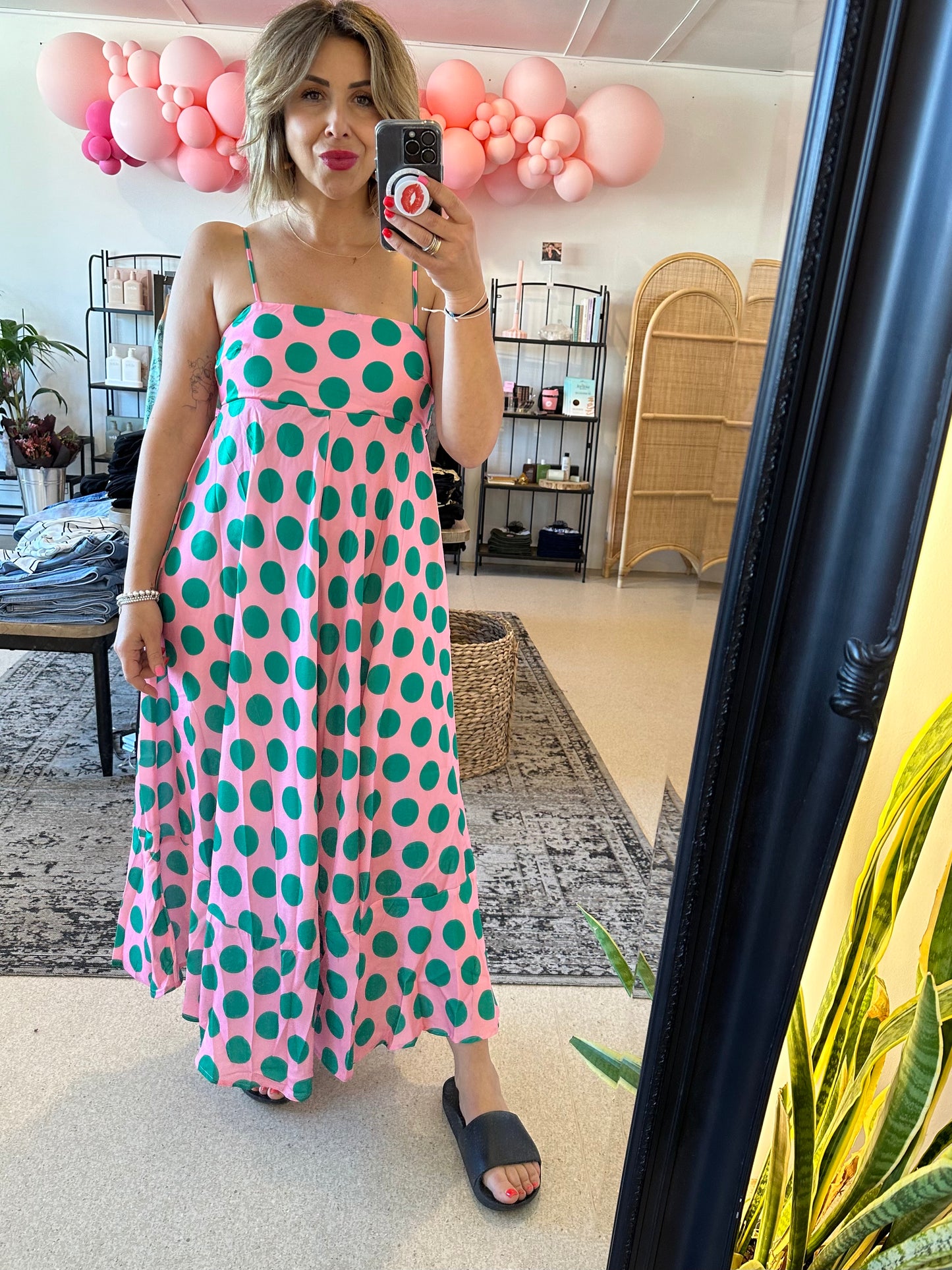JOY - green & pink spot dress