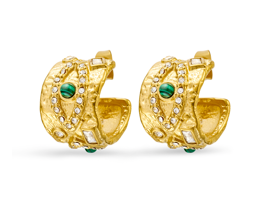 ALIJAH - stainless steel gold plated hammered evil eye, CZ & green turquoise hoops
