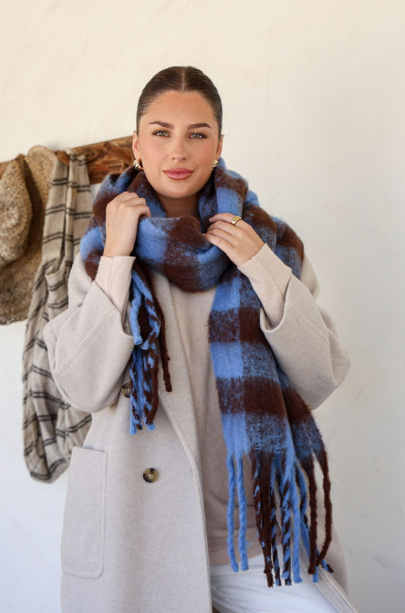 CLARISSA - Blue & Chocolate scarf with tassels