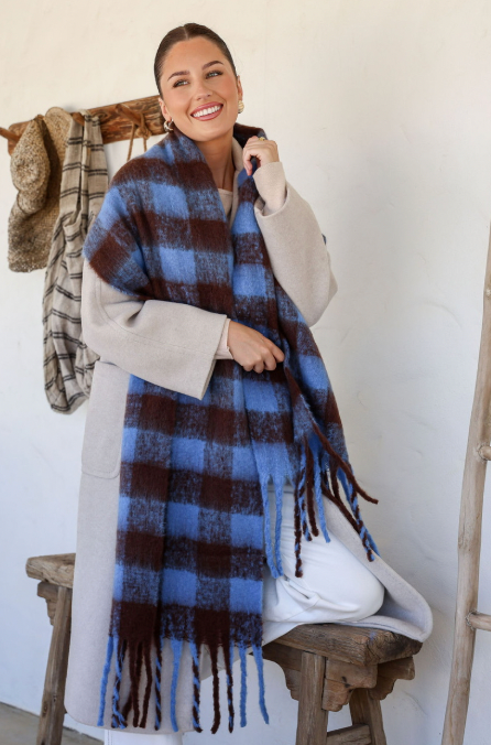 CLARISSA - Blue & Chocolate scarf with tassels