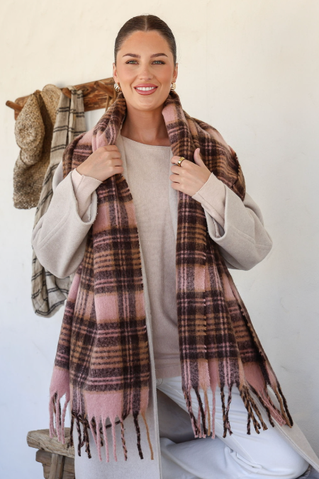 LARISSA - CHOCOLATE & BLUSH scarf with tassels