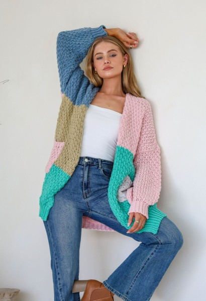 PRE ORDER END OF MAY - MELINA - PINK/GREEN multi block patchwork cardi