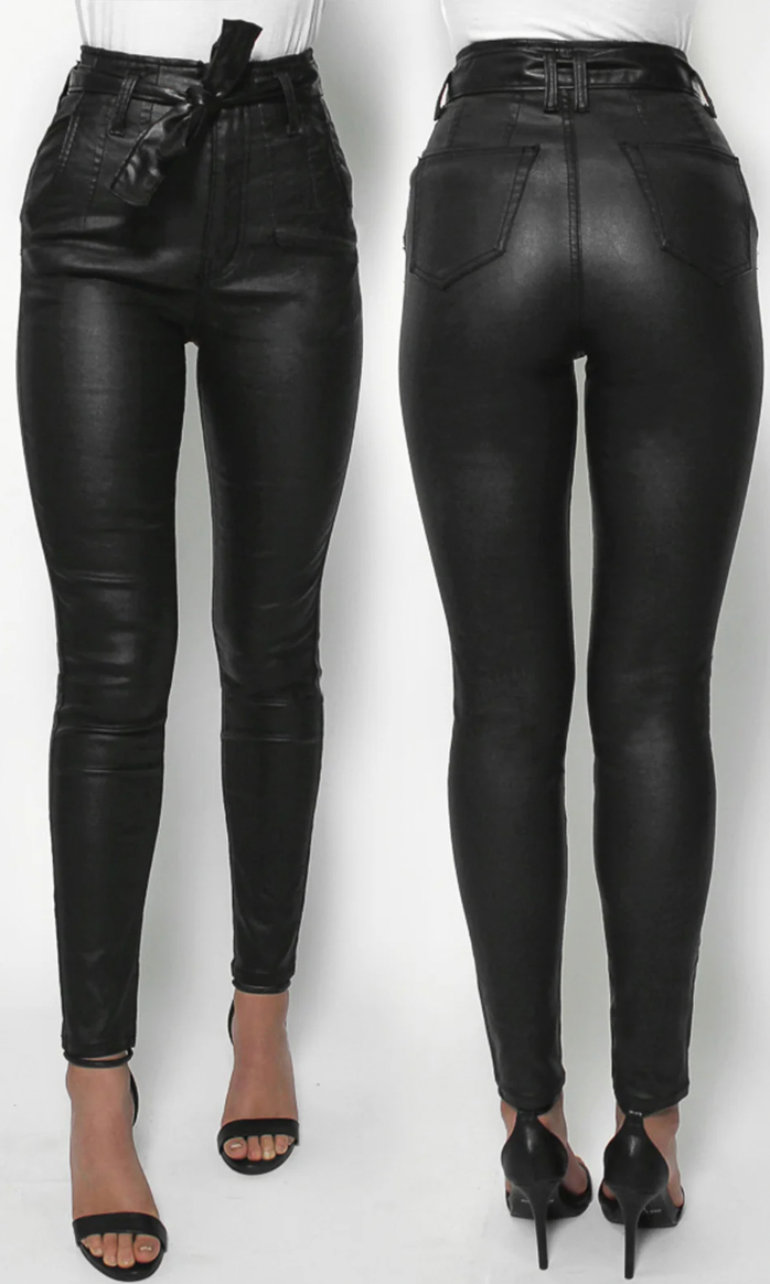 JAKE - BLACK wet look pant with waist tie