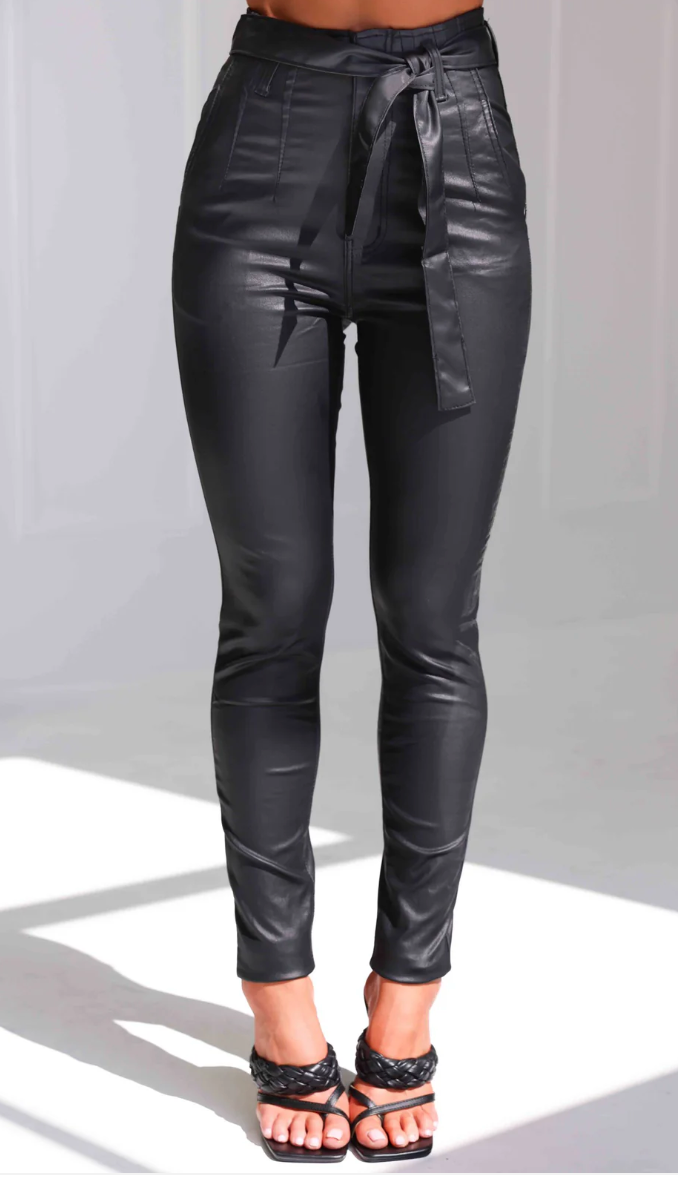 JAKE - BLACK wet look pant with waist tie