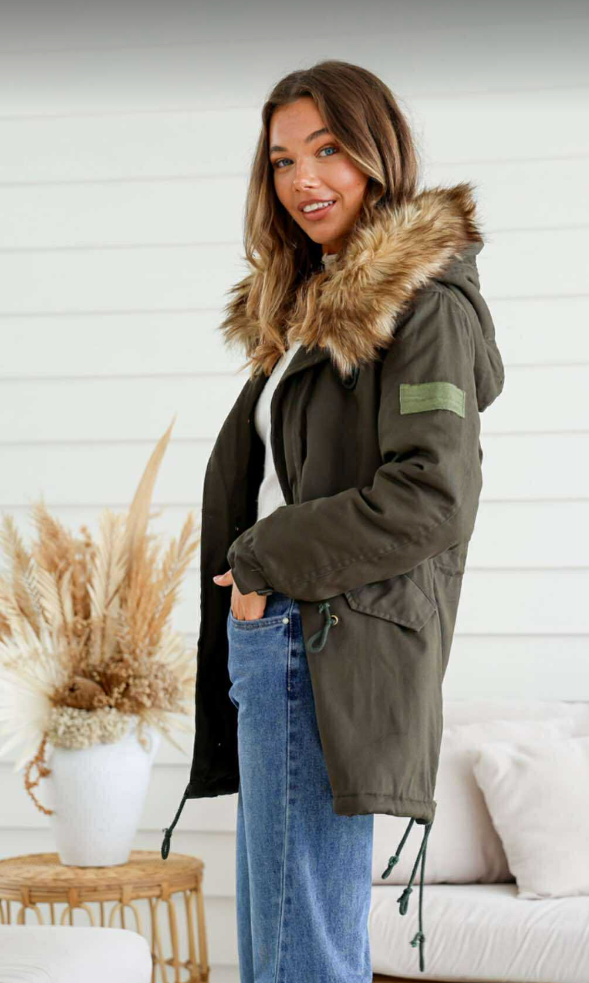 EMILY - KHAKI anorak jacket with fur hood