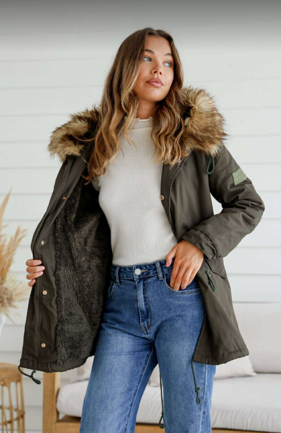 EMILY - KHAKI anorak jacket with fur hood
