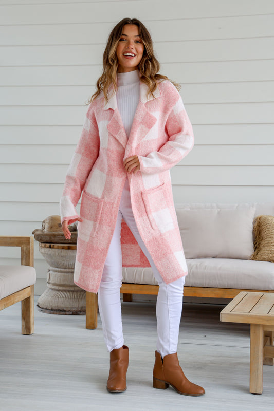 CAMILLA- Pink &  WHITE check wool blend coatigan (PRE ORDER arriving Mid April)